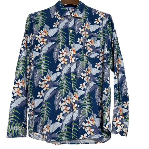 TOMMY BAHAMA Hawaiian Button Down Shirt Men's Blue Tropical Flowers Tencel LARGE - Picture 2 of 7